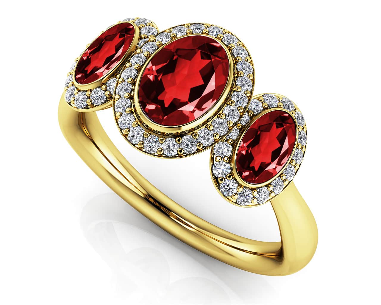 Three Stone Oval Gemstone Anniversary Ring In White Gold Yellow Gold And Platinum